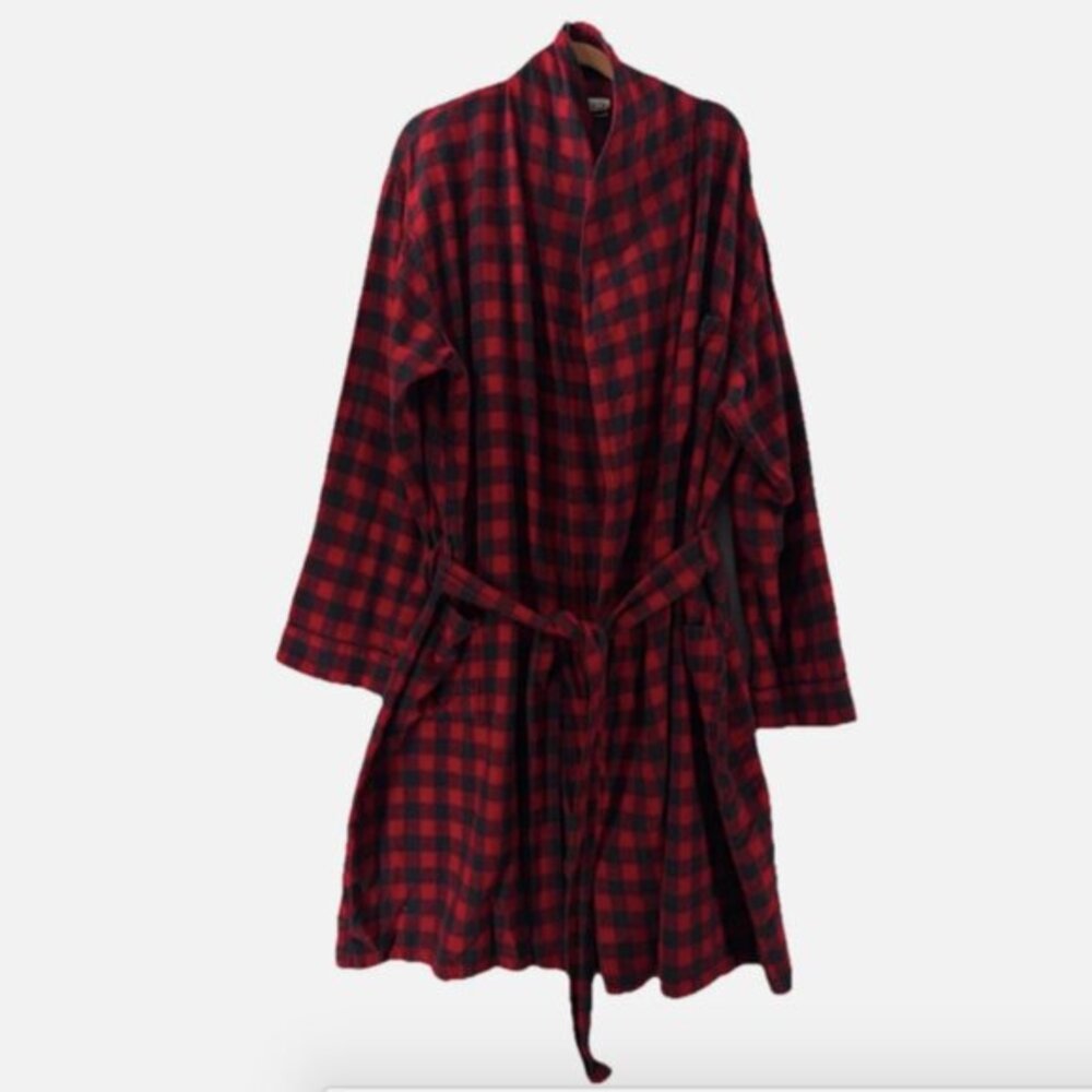 LL Bean Robe‎ Mens Size XL Red Black Flannel Belted Pockets Buffalo Check Cozy